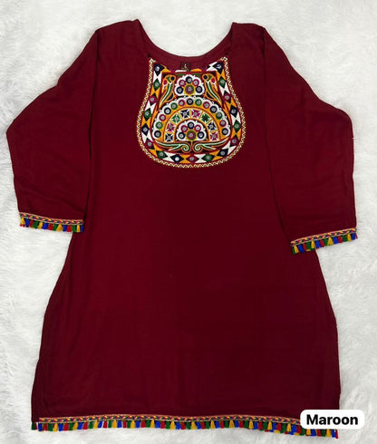 Maroon Heavy Rayon Short Top With Gamthi Lace and mirror work Western Top Shopin Di Apparels 