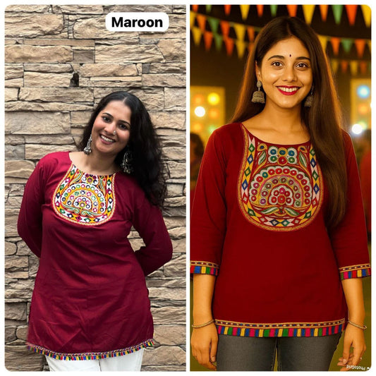 Maroon Heavy Rayon Short Top With Gamthi Lace and mirror work Western Top Shopin Di Apparels