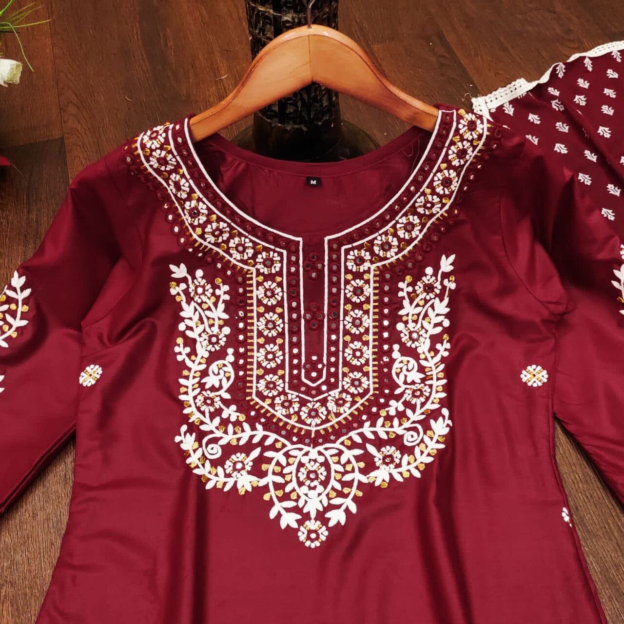 Maroon Heavy Rayon Straight Mirror Work Kurti with Dupatta and Pant Ready Made Designer Suits Shopin Di Apparels 
