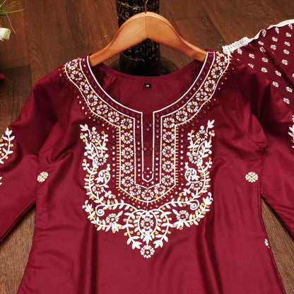 Maroon Heavy Rayon Straight Mirror Work Kurti with Dupatta and Pant Ready Made Designer Suits Shopin Di Apparels 