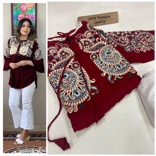 Maroon Pure Rayon cotton with Embroidery Work in Neck Short Top Western Top Shopin Di Apparels 