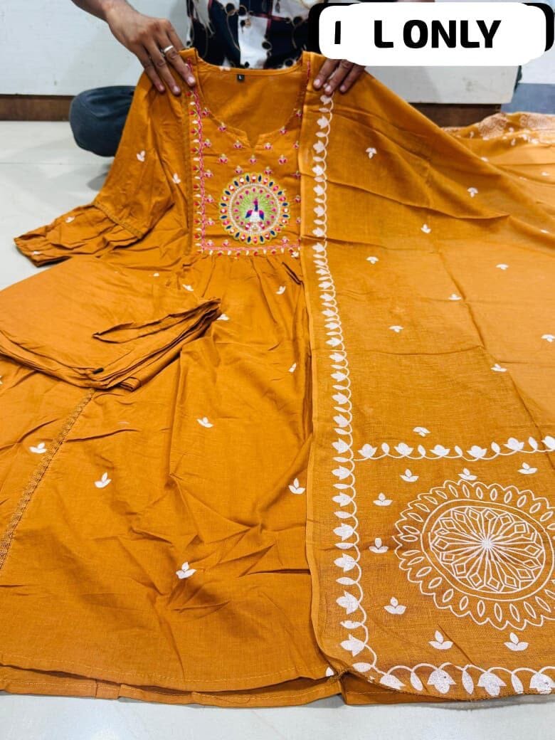 Mustard Anarkali Cotton Kurti with Dupatta and Pant Kurti with Dupatta and Bottom Shopin Di Apparels 