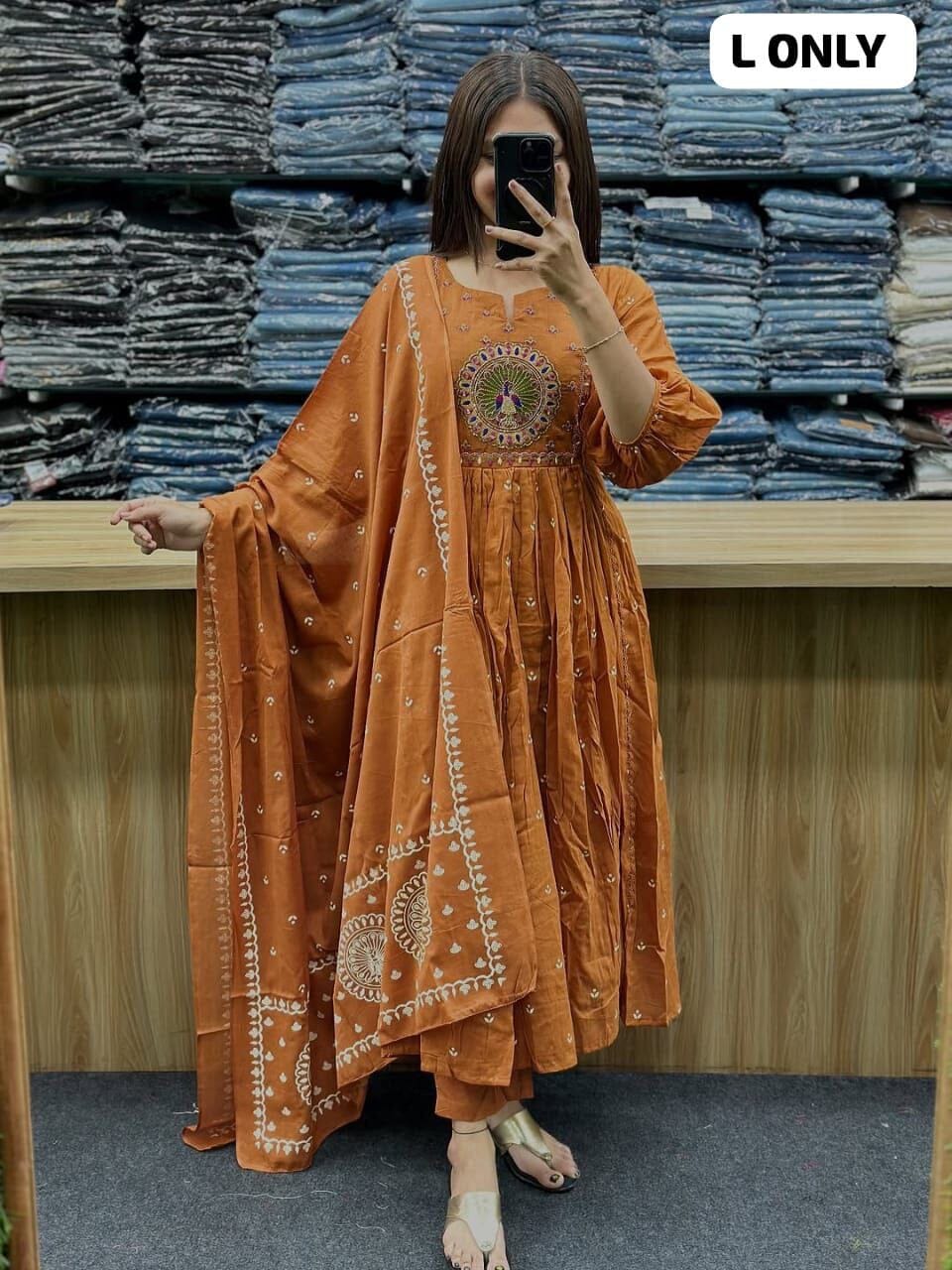 Mustard Anarkali Cotton Kurti with Dupatta and Pant Kurti with Dupatta and Bottom Shopin Di Apparels 