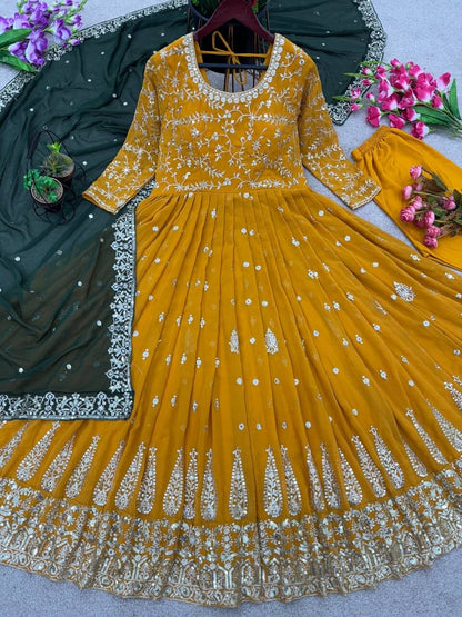 Mustard Heavy Fox Georgette Sequence Work Designer Gown with Dupatta and Pant Ready Made Designer Suits Shopin Di Apparels 