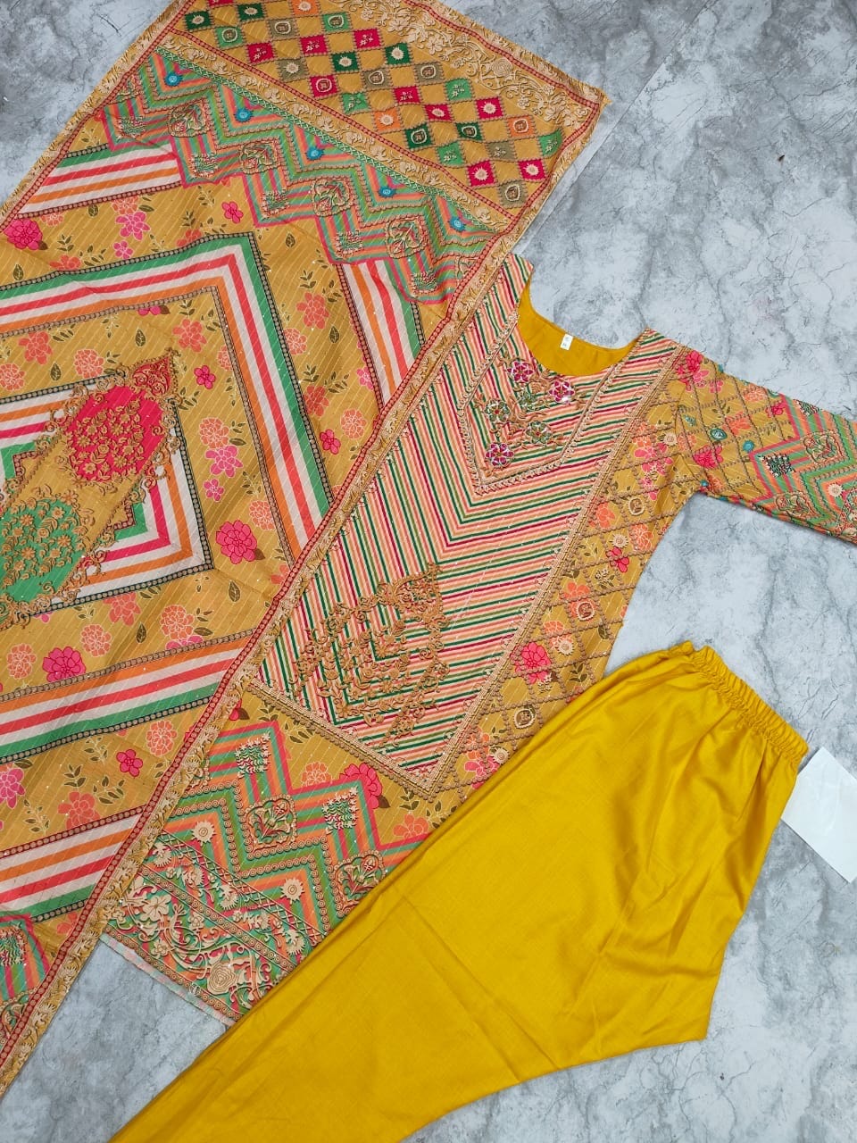Mustard Muslin Kurti with Pant and Dupatta Set Kurti with Bottom and Dupatta Shopin Di Apparels 