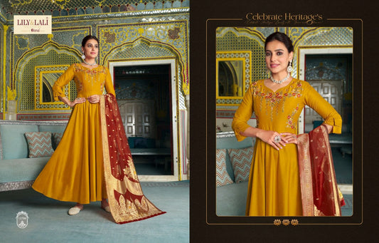 Mustard Yellow Designer Bemberg Silk Gown With Jacquard Dupatta Gown with Dupatta Lily and Lali 