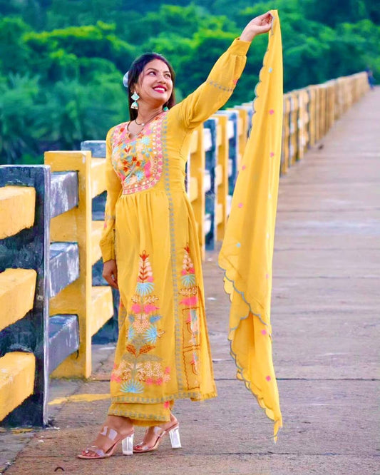 Mustard Yellow Fox Georgette Mirror Work Anarkali Gown with Moti Work Dupatta and Micro Silk Palazzo Pant Ready Made Designer Suits Shopindiapparels.com 