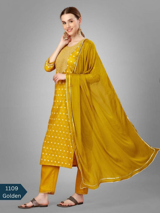 Mustard Yellow Silk Blend Sequence Embroidered Designer Kurti with Dupatta and Bottom Kurti with Dupatta and Bottom Shopin Di Apparels 