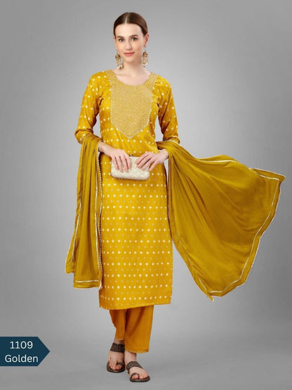 Mustard Yellow Silk Blend Sequence Embroidered Designer Kurti with Dupatta and Bottom Kurti with Dupatta and Bottom Shopin Di Apparels 