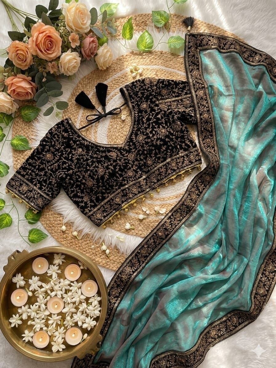 Natasha Blue Sequence Embroidered work Readymade Blouse with Chiffon two tone Sequence Saree Readymade Blouse Shopin Di Apparels 