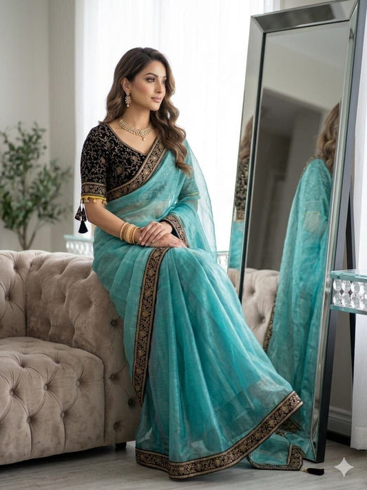 Natasha Blue Sequence Embroidered work Readymade Blouse with Chiffon two tone Sequence Saree Readymade Blouse Shopin Di Apparels 