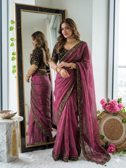 Natasha Pink Sequence Embroidered work Readymade Blouse with Chiffon two tone Sequence Saree Readymade Blouse Shopin Di Apparels 