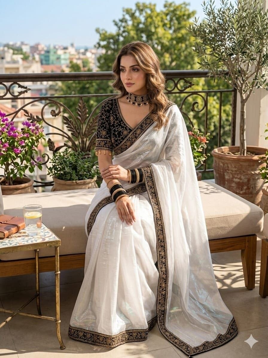 Natasha White Sequence Embroidered work Readymade Blouse with Chiffon two tone Sequence Saree Readymade Blouse Shopin Di Apparels 