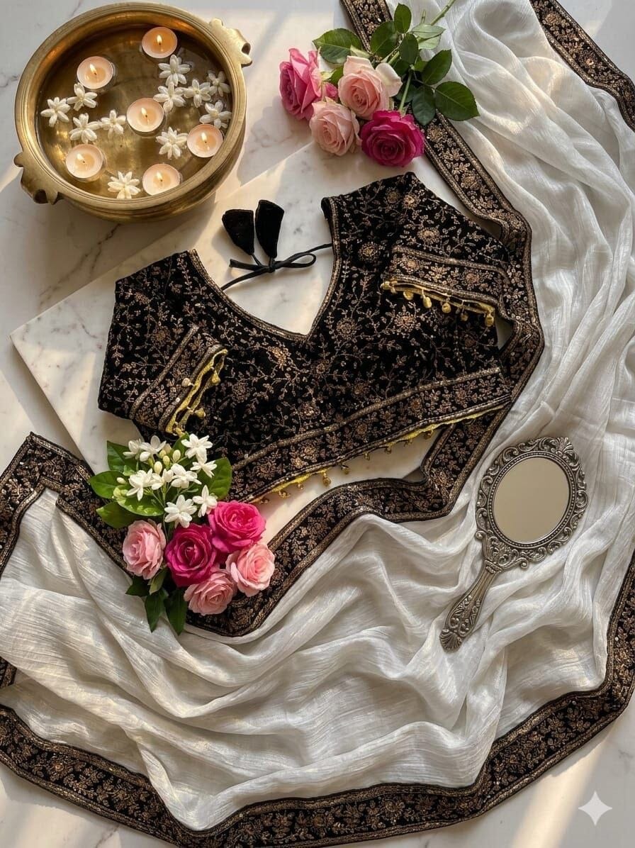 Natasha White Sequence Embroidered work Readymade Blouse with Chiffon two tone Sequence Saree Readymade Blouse Shopin Di Apparels 