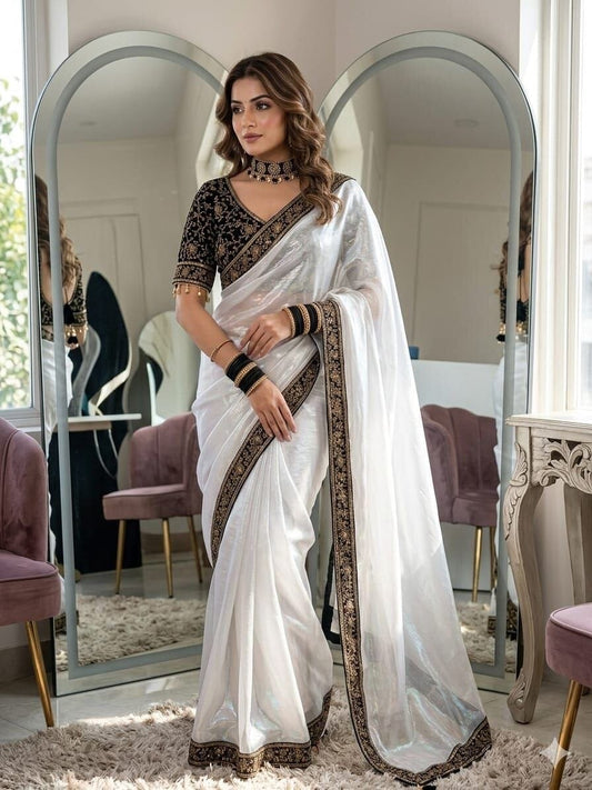 Natasha White Sequence Embroidered work Readymade Blouse with Chiffon two tone Sequence Saree Readymade Blouse Shopin Di Apparels 