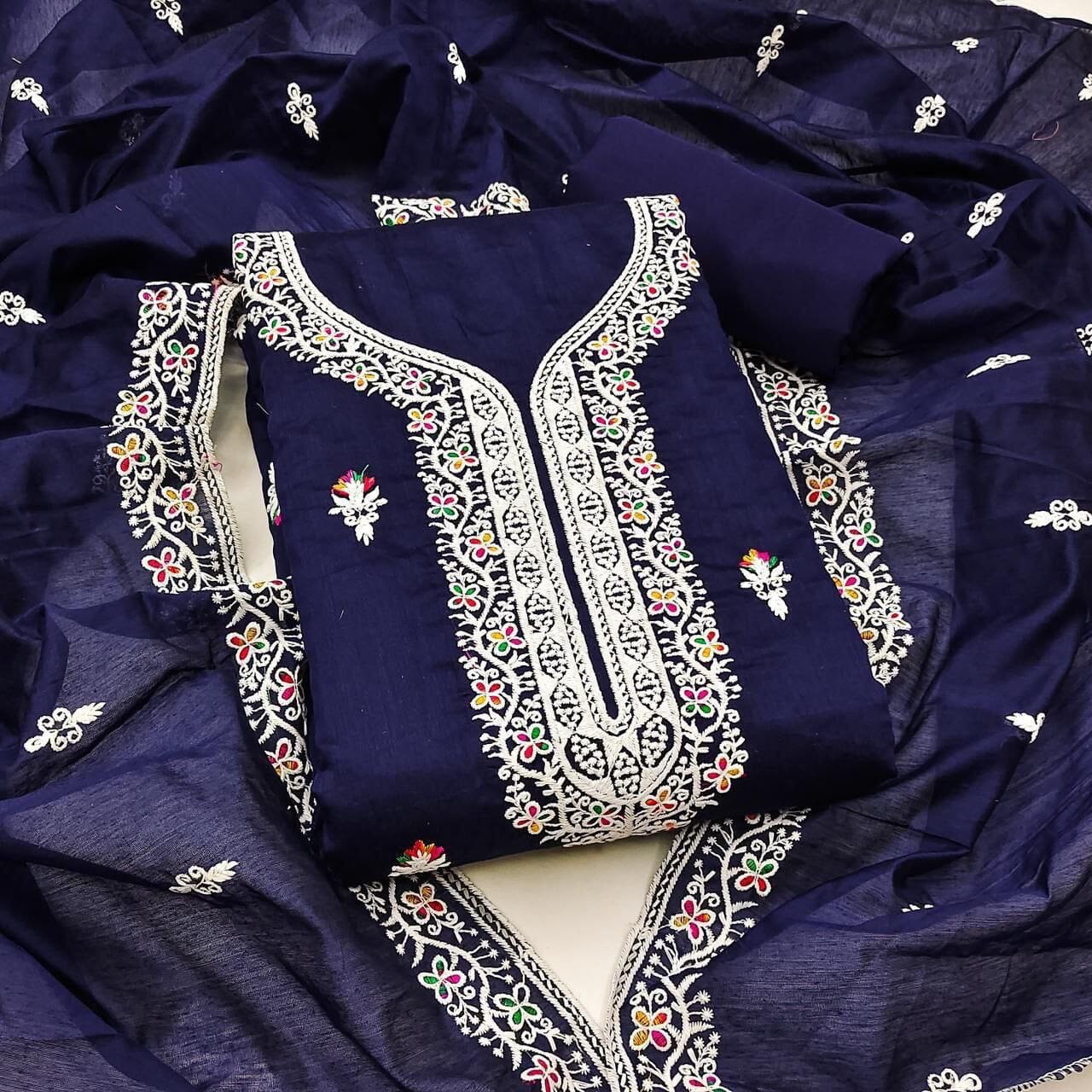 Navy Blue Heavy Chanderi Neck Embroidery Dress Material Dress Material Shopin Di Apparels 