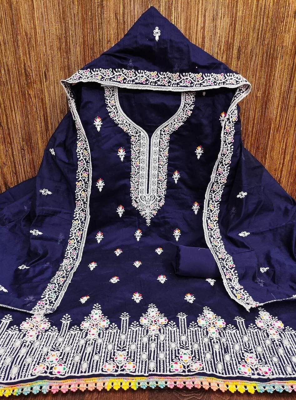 Navy Blue Heavy Chanderi Neck Embroidery Dress Material Dress Material Shopin Di Apparels 