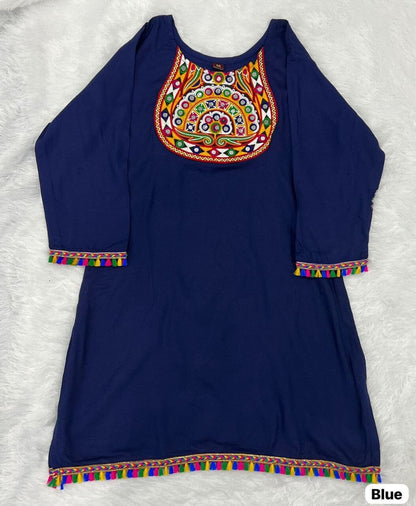 Navy Blue Heavy Rayon Short Top With Gamthi Lace and mirror work Western Top Shopin Di Apparels 