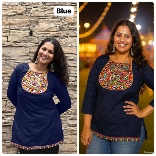Navy Blue Heavy Rayon Short Top With Gamthi Lace and mirror work Western Top Shopin Di Apparels 