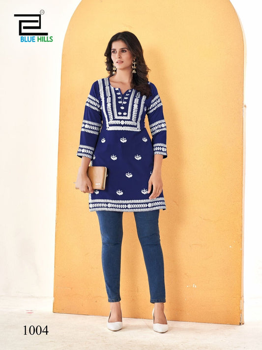 Navy Blue Heavy Rayon White Embroidery Work Fancy Short Kurti Kurti Shopin Di Apparels 