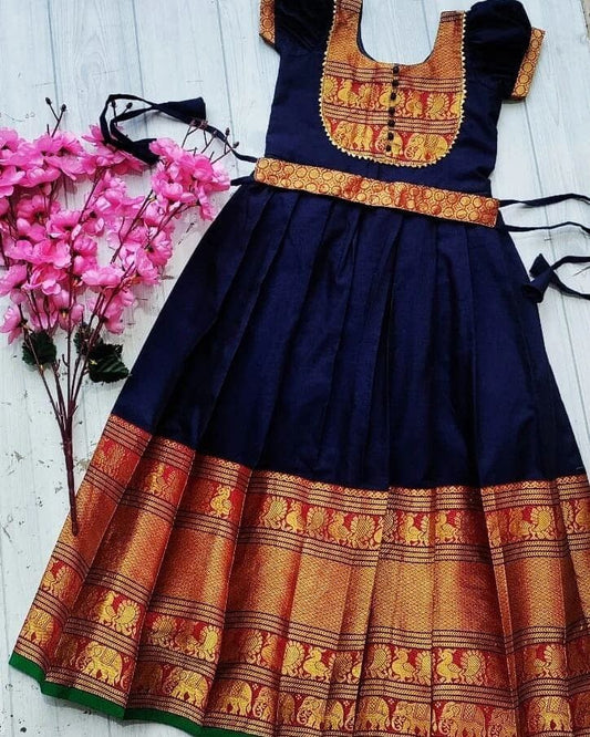 Navy Blue Narayanapet Silk Kid’s Gown Festival Wear Kid's Gown Shopindiapparels.com 