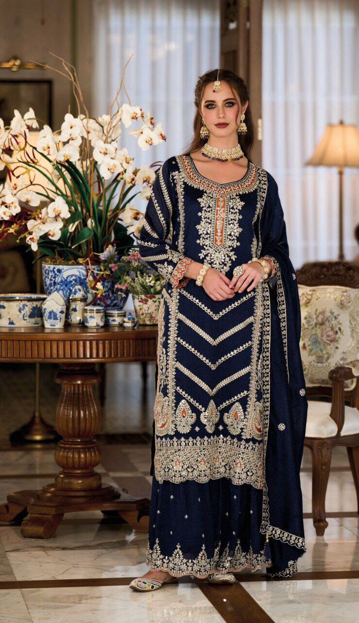 Navy Blue Premium Silk Designer Sharara Suit with Embroidery and Diamond Work Ready Made Designer Suits Shopin Di Apparels 