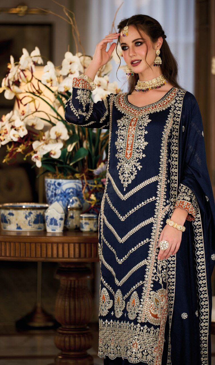 Navy Blue Premium Silk Designer Sharara Suit with Embroidery and Diamond Work Ready Made Designer Suits Shopin Di Apparels 
