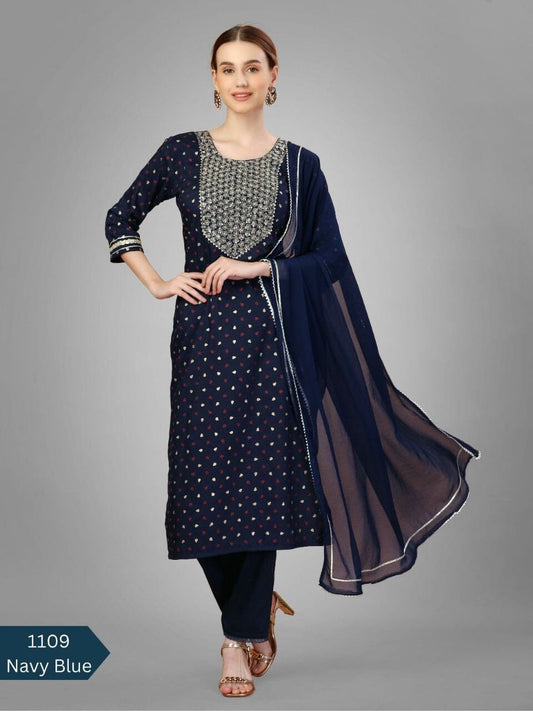 Navy blue Silk Blend Sequence Embroidered Designer Kurti with Dupatta and Bottom Kurti with Dupatta and Bottom Shopin Di Apparels 