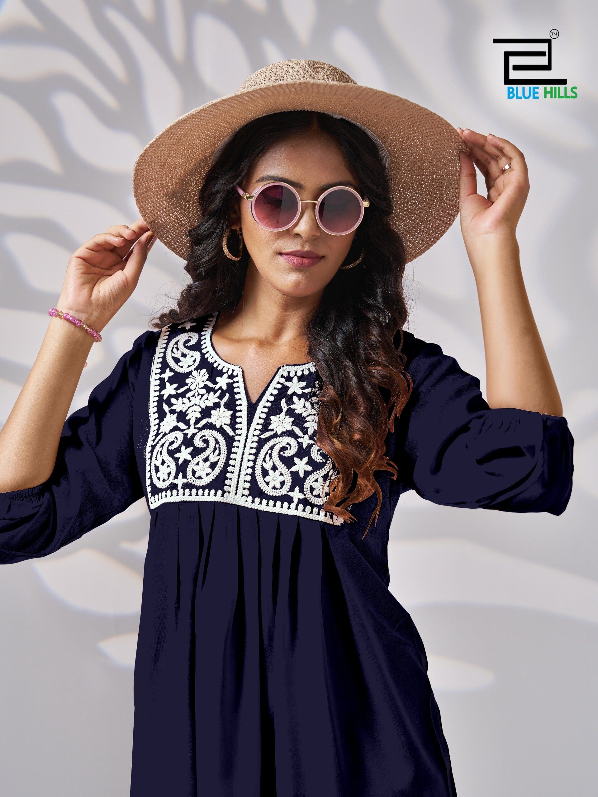 Navy Blue White Embroidery Rayon Short Kurti Kurti Shopin Di Apparels 