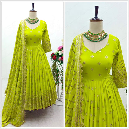 Neon Green Heavy Fox Georgette Sequence Work Designer Gown with Dupatta and Pant Designer Suits Shopin Di Apparels 
