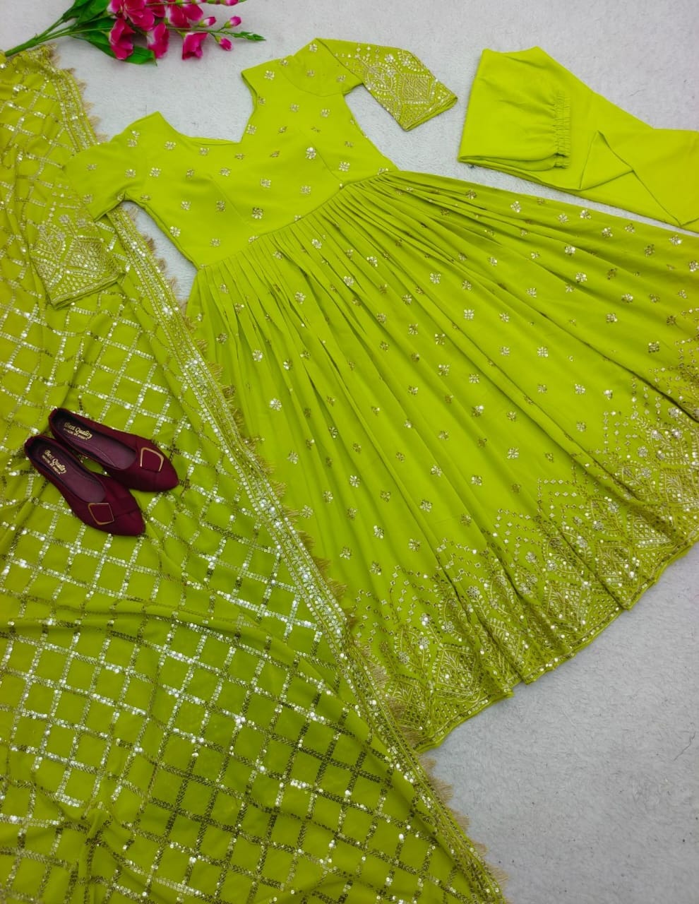 Neon Green Heavy Fox Georgette Sequence Work Designer Gown with Dupatta and Pant Designer Suits Shopin Di Apparels 