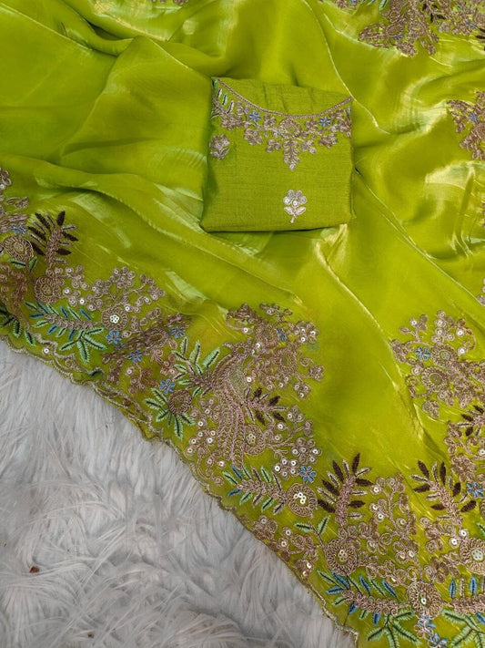 Neon Green Pure Jimmy Choo Silk with Coding Sequence Embroidered work Designer Saree Designer saree Shopin Di Apparels