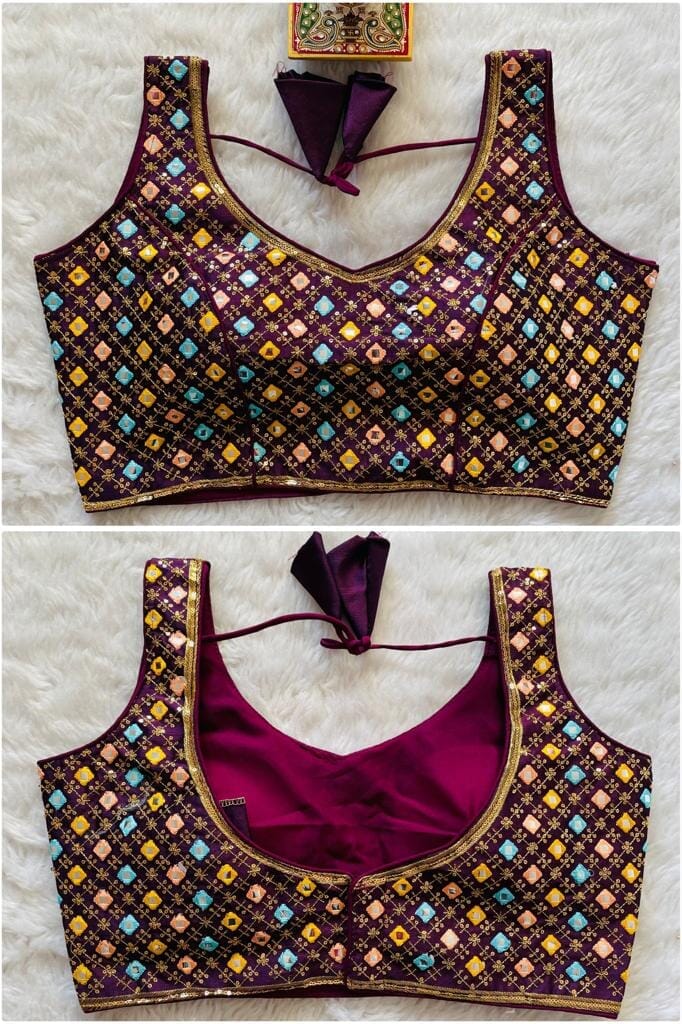 New Mirror Work Sequence Readymade Blouse in 13 colors Readymade Blouse Shopindiapparels.com Purple 