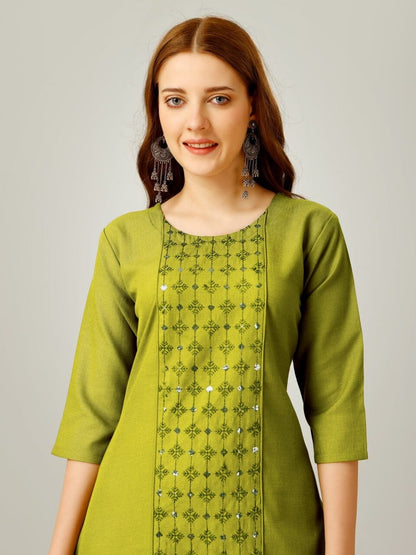 Olive Green Cotton Blend Sequence Embroidered Work Kurti with Pant Kurti with Pant Shopin Di Apparels 