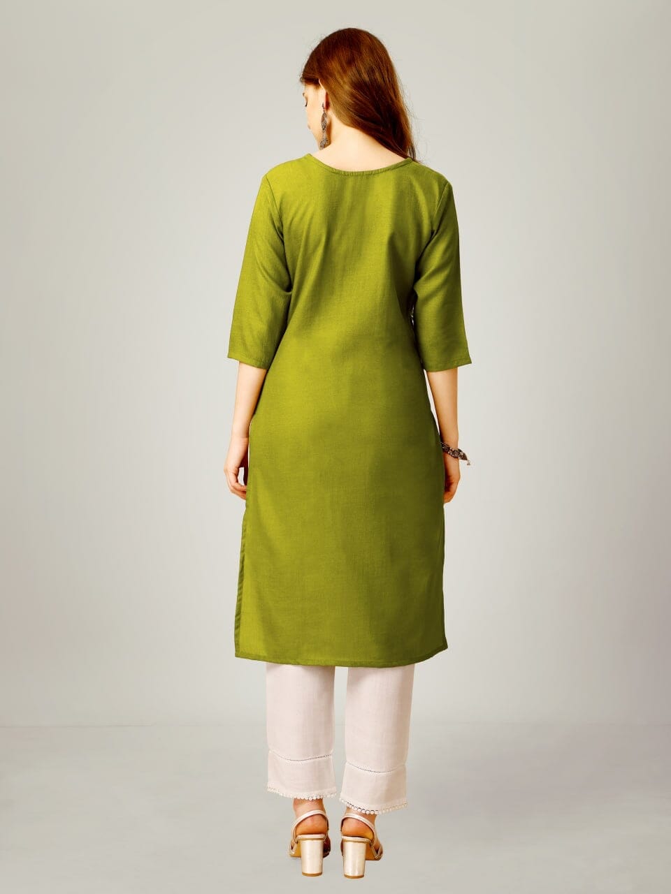 Olive Green Cotton Blend Sequence Embroidered Work Kurti with Pant Kurti with Pant Shopin Di Apparels 