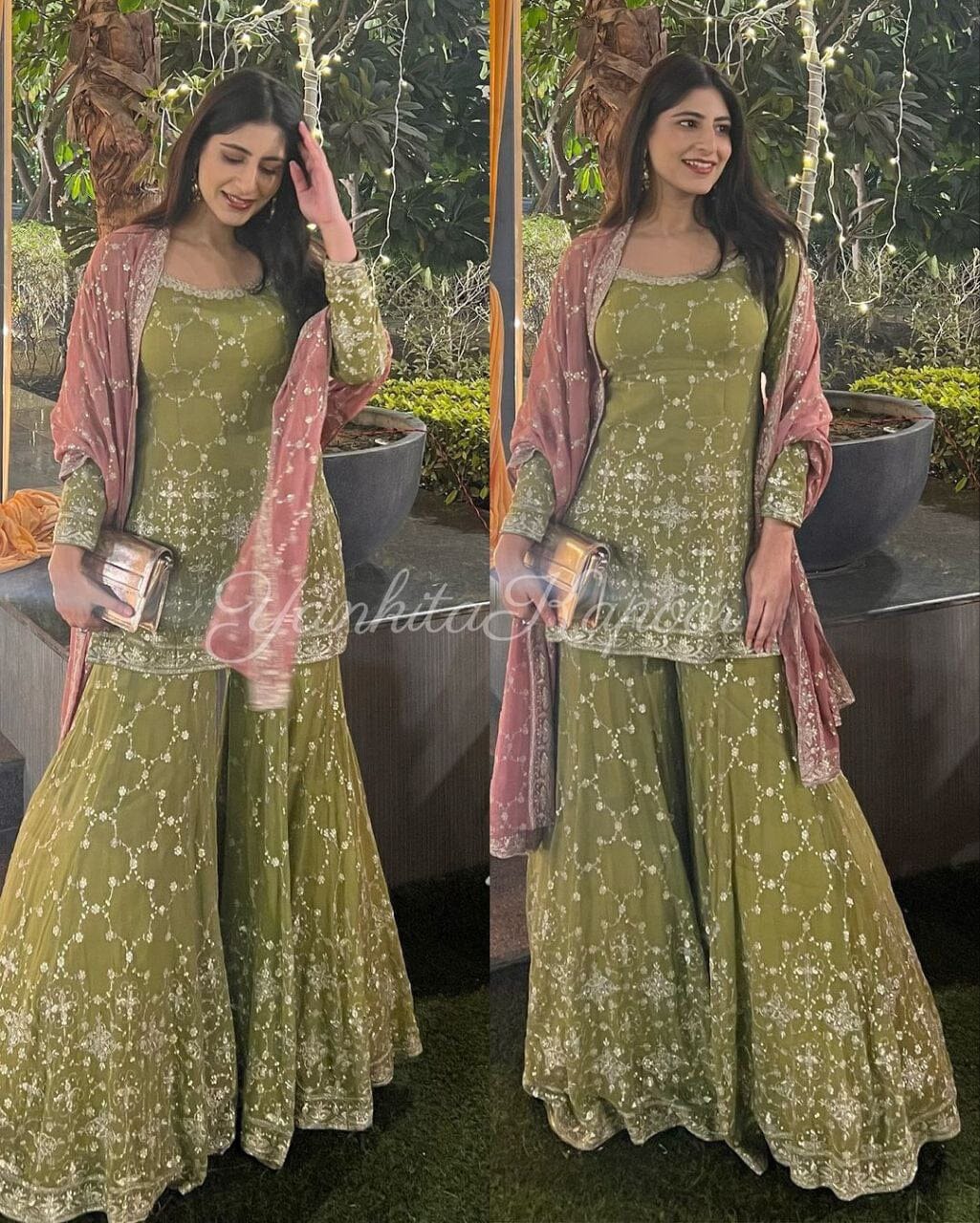 Olive Green Heavy Faux Georgette Fancy Wear Sharara Suit Ready Made Designer Suits Shopindiapparels.com 
