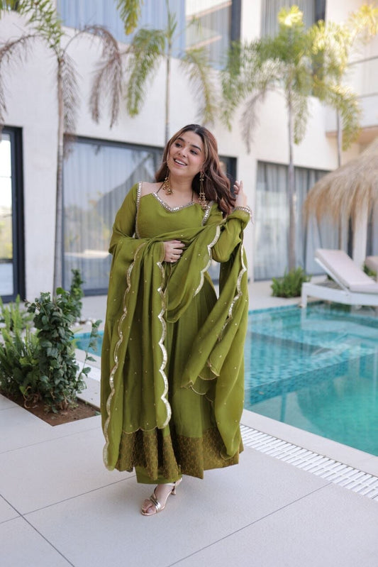 Olive Green Mul Chanderi Anarkali with Dupatta and Roman Silk Pant Kurti with Dupatta and Bottom Shopin Di Apparels 