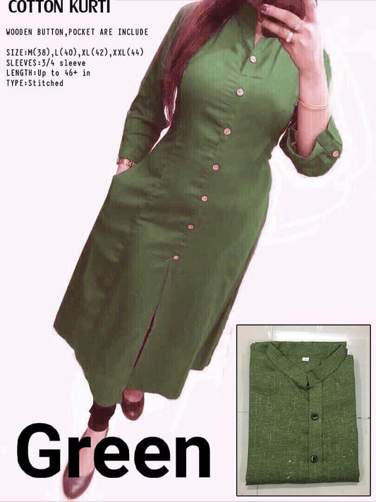Olive Green Plain Collar Cotton Kurti with Button and Pockets Kurti Shopin Di Apparels