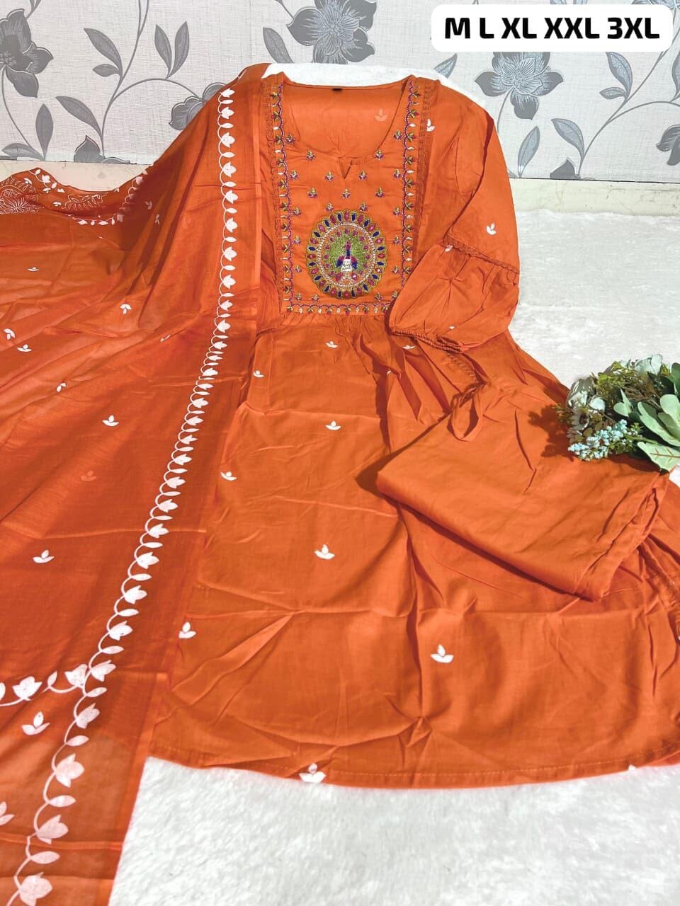 Orange Anarkali Cotton Kurti with Dupatta and Pant Kurti with Dupatta and Bottom Shopin Di Apparels 
