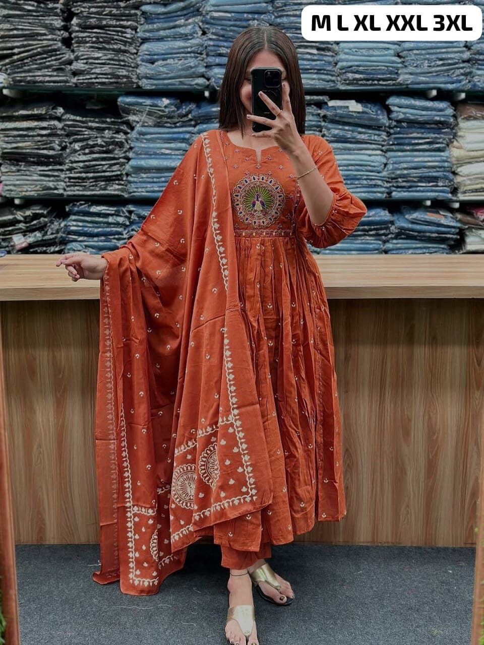 Orange Anarkali Cotton Kurti with Dupatta and Pant Kurti with Dupatta and Bottom Shopin Di Apparels 