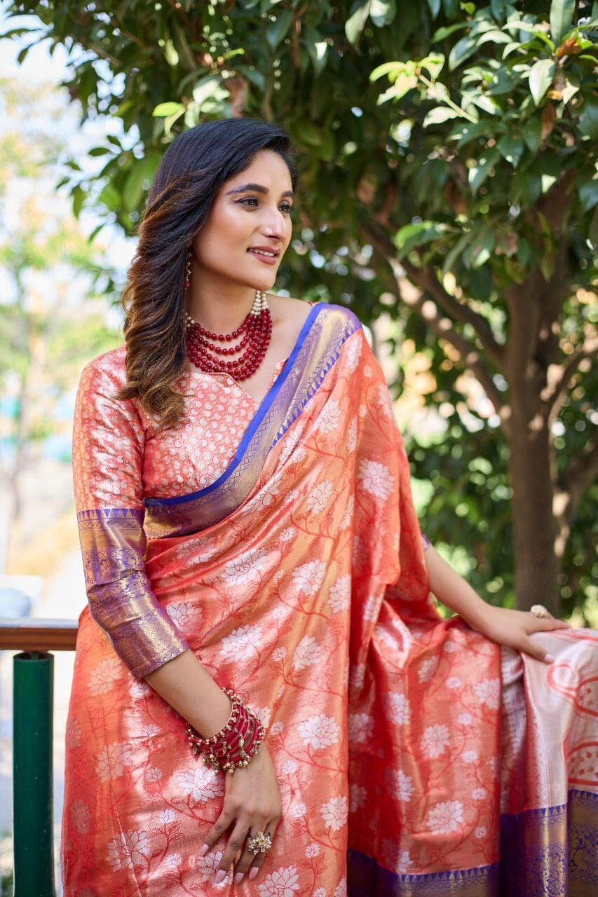 Orange Banarasi Handloom Tissue Silk Zari work Saree Silk Saree Shopin Di Apparels 