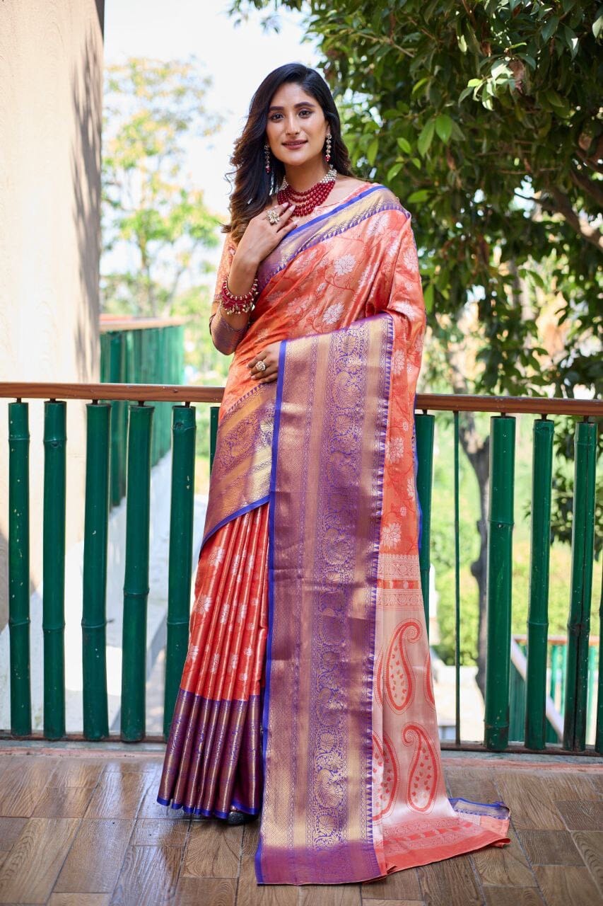 Orange Banarasi Handloom Tissue Silk Zari work Saree Silk Saree Shopin Di Apparels 