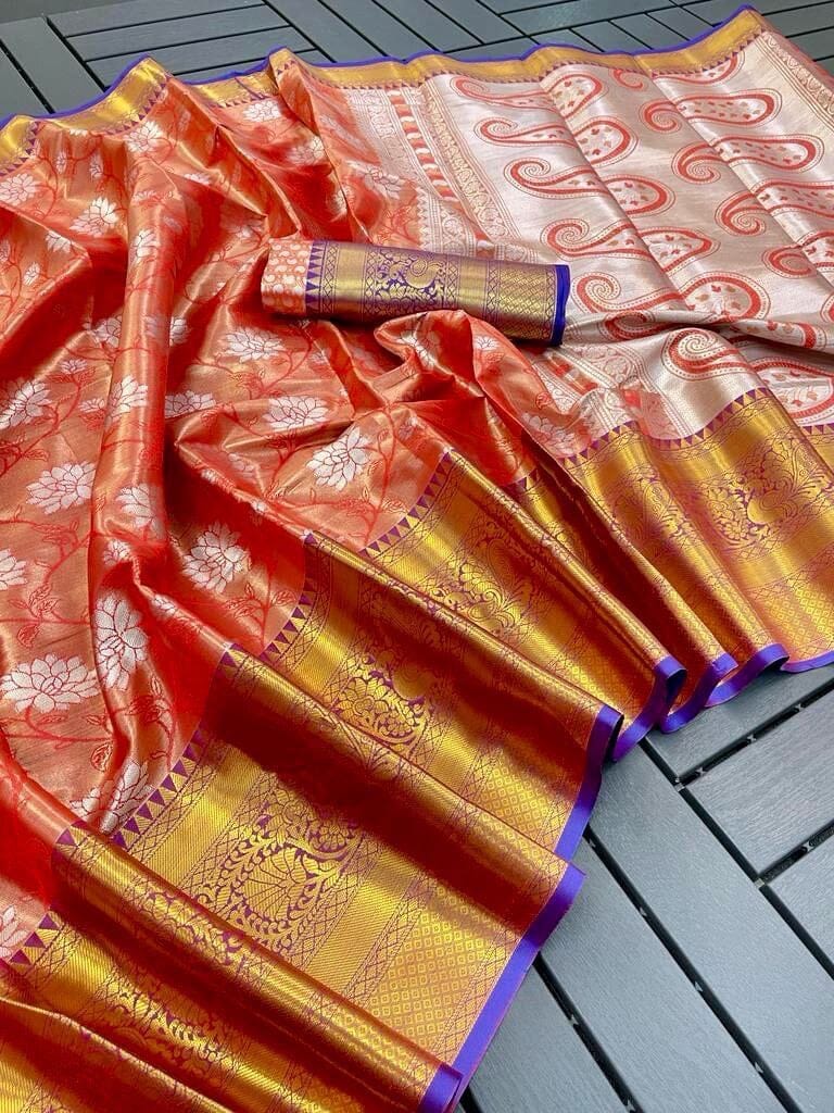 Orange Banarasi Handloom Tissue Silk Zari work Saree Silk Saree Shopin Di Apparels 