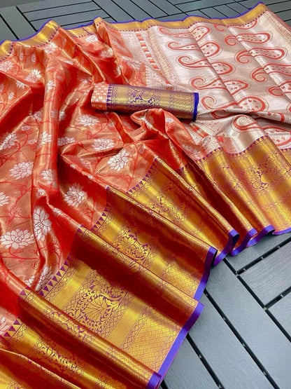 Orange Banarasi Handloom Tissue Silk Zari work Saree Silk Saree Shopin Di Apparels 