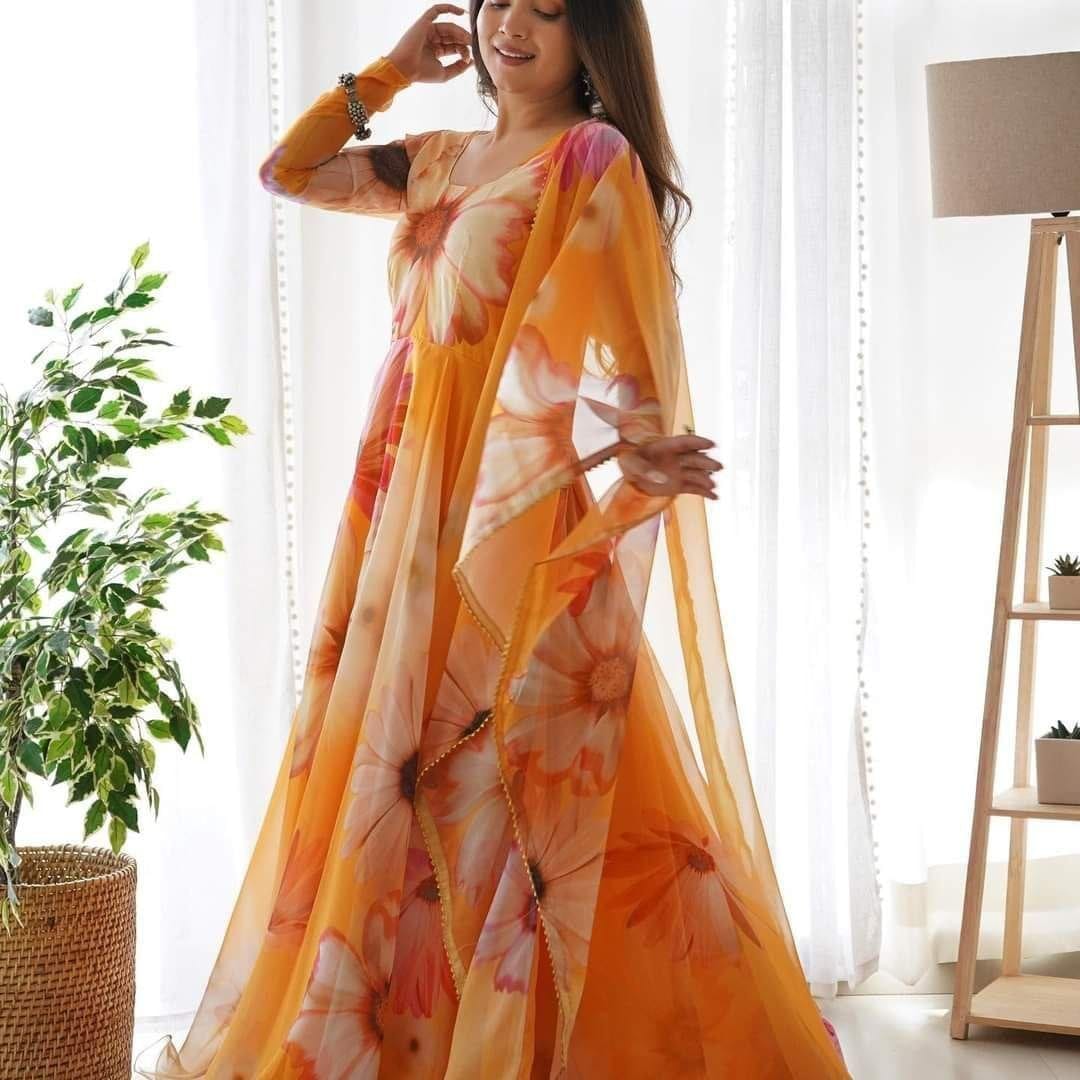 Orange Big Flower Floral Printed Georgette Gown with Dupatta Gown with Dupatta Shopin Di Apparels 