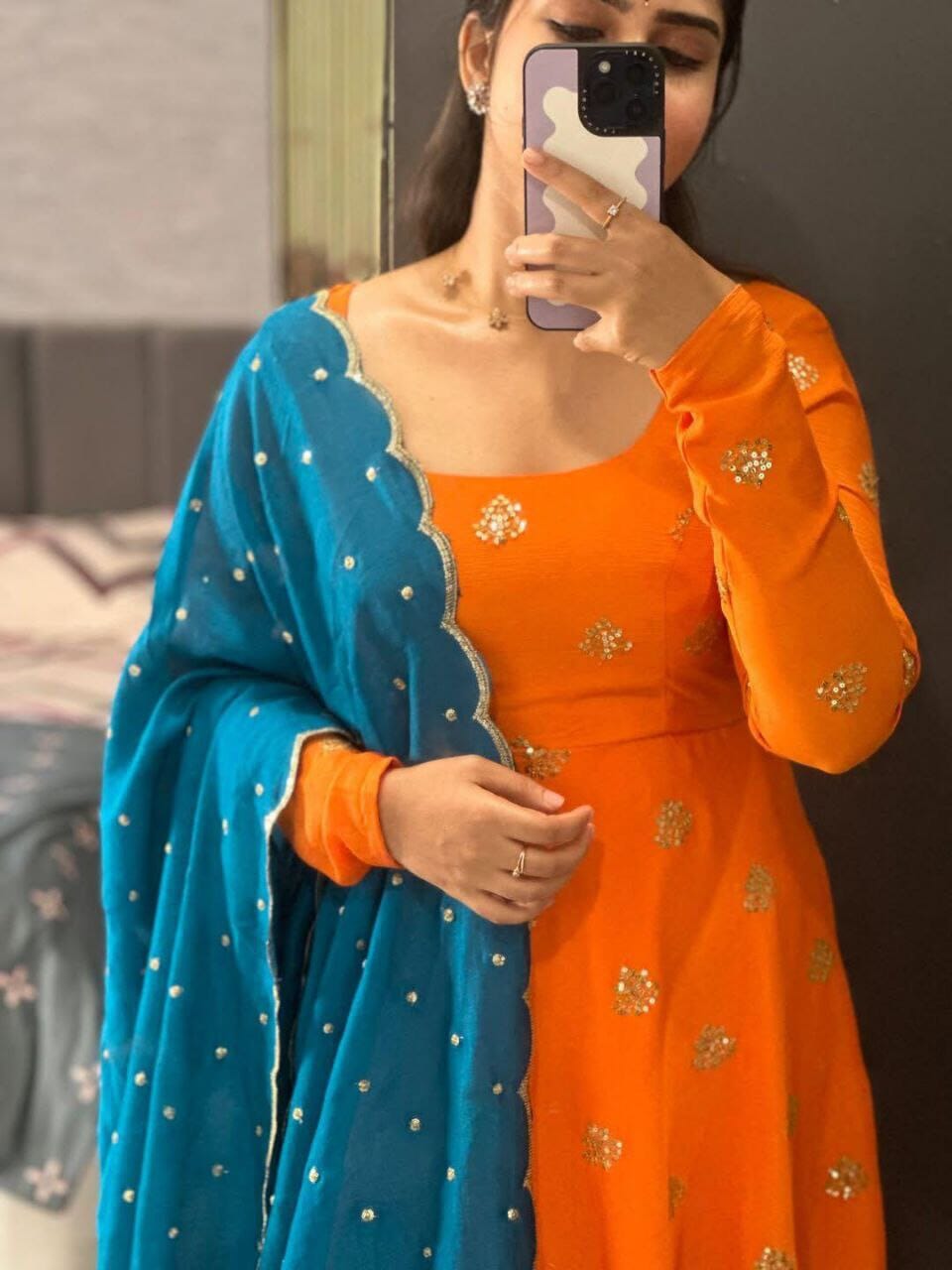 Orange Chinnon Gown with Blue Dupatta Gown with Dupatta Shopin Di Apparels 