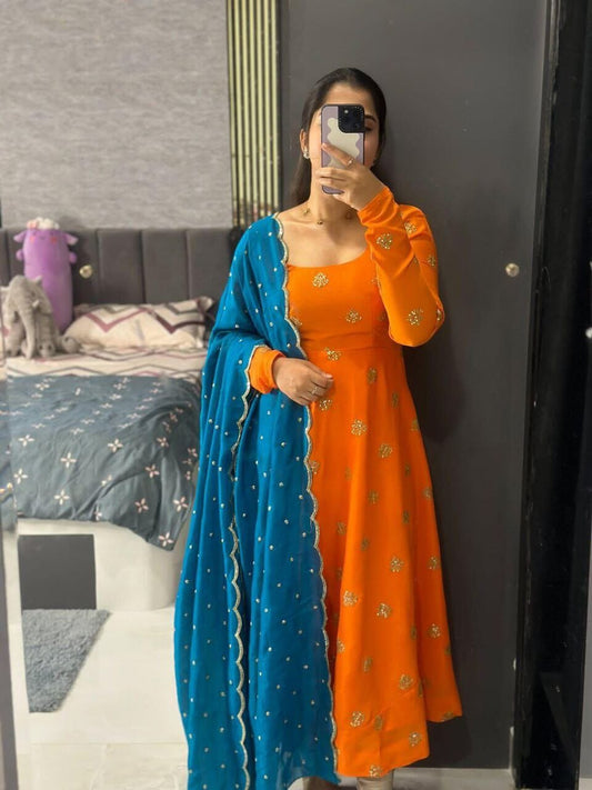 Orange Chinnon Gown with Blue Dupatta Gown with Dupatta Shopin Di Apparels 