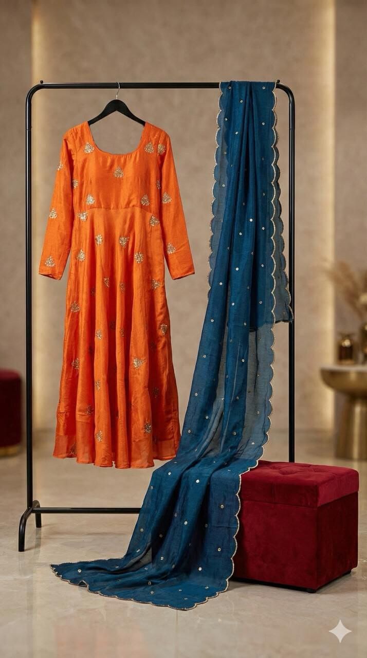 Orange Chinnon Gown with Blue Dupatta Gown with Dupatta Shopin Di Apparels 
