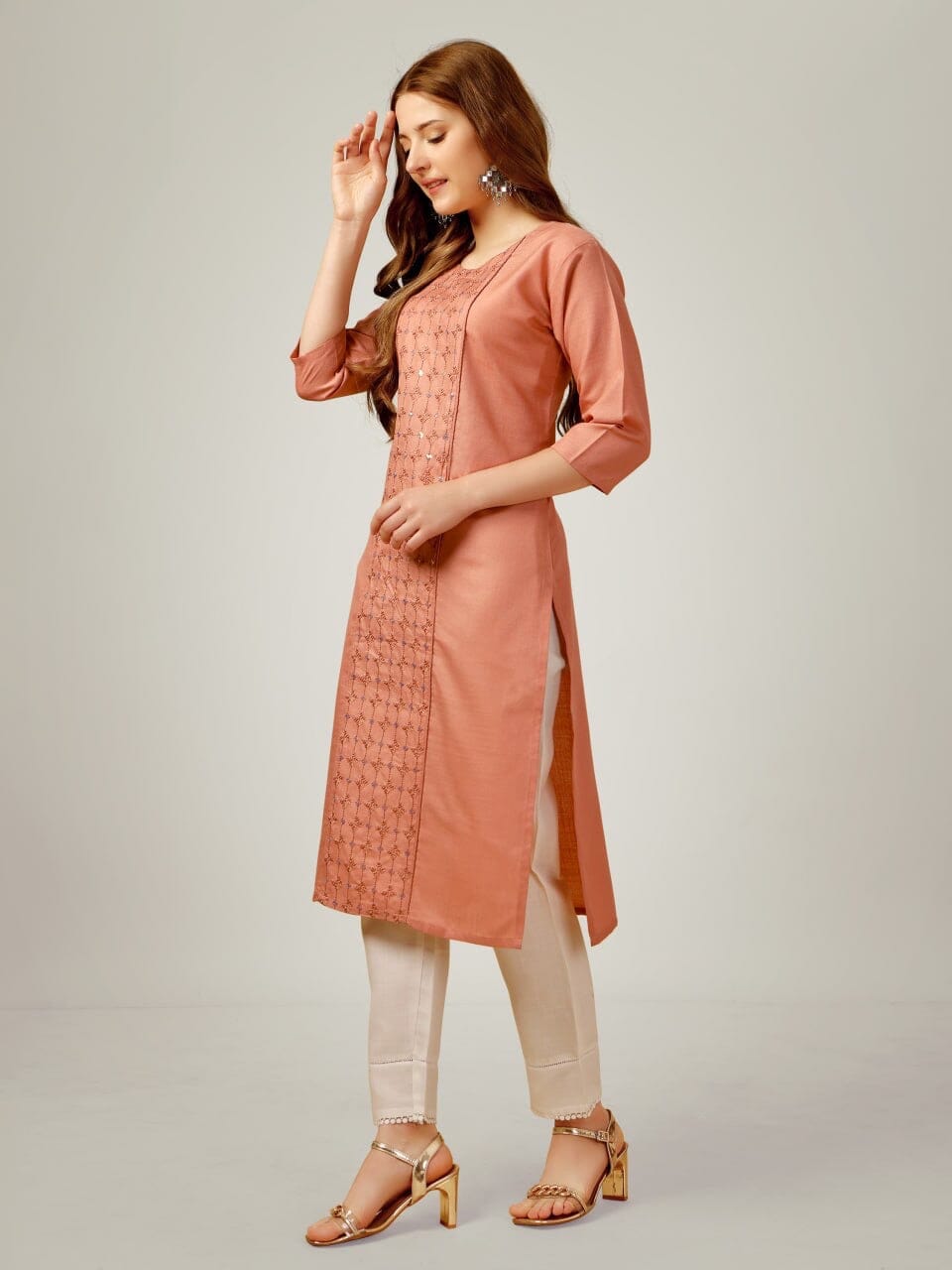 Orange Cotton Blend Sequence Embroidered Work Kurti with Pant Kurti with Pant Shopin Di Apparels 