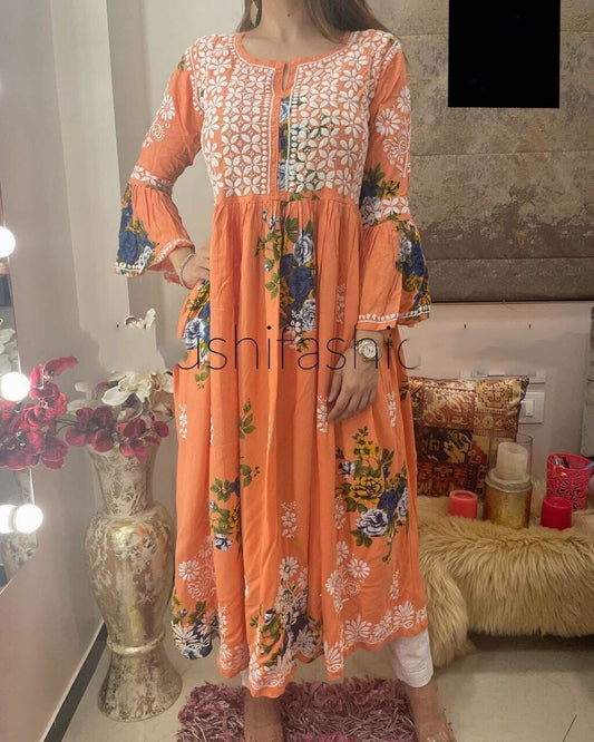 Orange Designer Rayon Kurti with White Embroidery and Plazzo set Kurti with Pant Shopin Di Apparels 